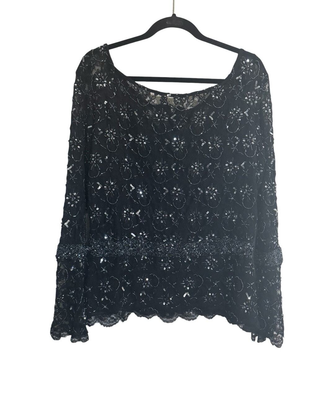 Laurence Kazar Vintage Evening Top Black XL Lace Beaded Sequin Bell Sleeve #7457